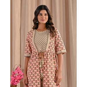 ชุดเซ็ตเสื้อคลุมผ้าฝ้ายลายพีชสำหรับฤดูร้อน ไซส์ XS เสื้อครึ่งแขนใส่ได้ทุกวัน พร้อมกางเกงขาสั้น ดีไซน์ผูกเชือก - Product Image 1