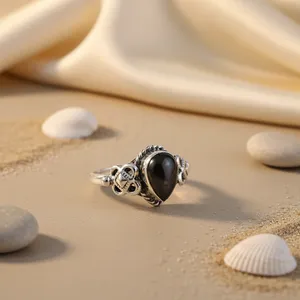 14K Yellow Gold <b>Black</b> Gemstone <b>Ring</b> with Rhodium Plating 925 Silver Geometry-shaped <b>Men's</b> Fine Jewelry Gift for Women - Product Image 2