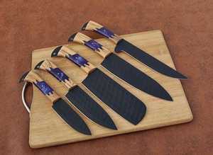 ชุดมีดเชฟ 5 ชิ้น ดีไซน์ใหม่ ผลิตตามสั่ง ขายส่งจากโรงงาน มีสินค้าในสต็อก ทำด้วยมือจากเหล็กดามัสกัส ใช้ได้ทั้งมือซ้ายและขวา ด้ามไม้ปักกะ - Product Image 2