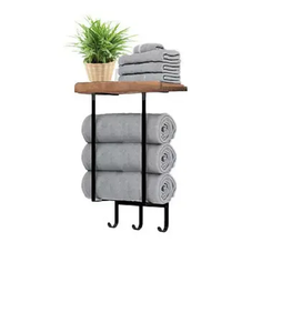 Estante de almacenamiento de toallas no perforado de doble Polo, soporte de baño de madera de hierro negro, montado en la pared para Aplicaciones de cocina transfronterizas - Product Image 3