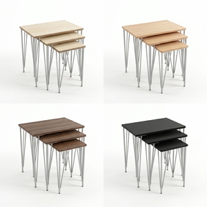 Juego de mesas de centro modernas con superficie de madera y patas de metal tipo horquilla, mesas auxiliares para sala de estar, muebles para el hogar - Product Image 2