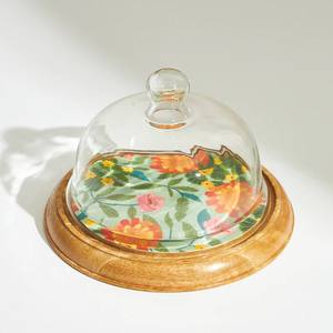 <b>Glass</b> Cloche Mango/Acacia Wooden <b>Base</b> Floral Print Handmade Non-Toxic Cake <b>Dome</b> Food Display Cover for Table Centerpiece Wedding - Product Image 2