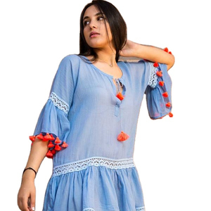 Summer New Fashion Casual Short Sleeved Women Clothing Round Neck Casual Breathable Boho Lady Short Pure Cotton Linen Dress - Product Image 1