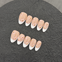 Kuku Palsu Pendek Almond Grosir Buatan Tangan 3D Bunga Berhias Rhinestone Kuku Artifisial Pemasok OEM ODM