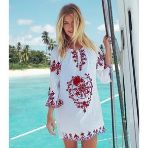 2025 nouveau Look Boho rayonne brodé à la main décontracté femmes vêtements 3/4 manches plage 100% coton dames Midi robe mexicaine - Product Image 1