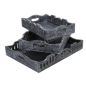 Plateau de service en bois de mangue gris brûlé élégant fait à la main poignées de forme rectangulaire pour usage décoratif de restaurant de bureau à domicile - Product Image 6