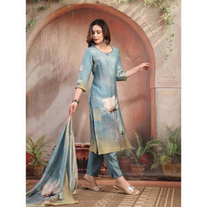 ชุดคุर्ตาผ้าไหมจอร์เจตต์พิมพ์ลายสีเขียวสำหรับผู้หญิง พร้อมกางเกงและผ้าคลุมไหล่ สไตล์ปากีสถาน-อินเดีย ชุดสัลวาร์ คามีซแบบเย็บสำเร็จ - Product Image 3