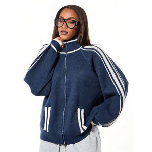 Set di Lusso da Donna <span class=keywords><strong>con</strong></span> <span class=keywords><strong>Cardigan</strong></span> a Righe <span class=keywords><strong>con</strong></span> Zip e Pantaloni Larghi, Elegante Abbigliamento Casual a Due Pezzi per Primavera ed Estate - Product Image 5