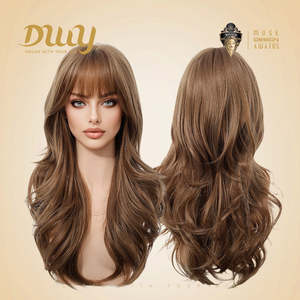 Molly-DWY 24 Inches Glueless Synthetic <b>Wig</b> for Women Mid-Length Wavy Layer Cut Golden Linen <b>Brown</b> Light <b>Brown</b> Natural Hairline - Product Image 4