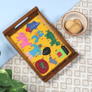 Bandeja para servir pequeña amarilla hecha a mano con apliques de madera de teca con tapa de cristal, Plato decorativo para desayuno, mesa decorativa - Product Image 4