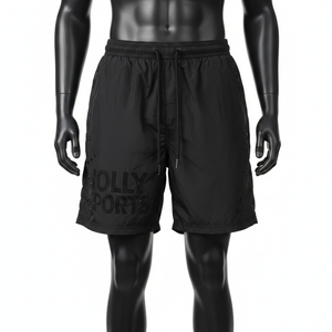 กางเกงขาสั้นผู้ชายผ้าโพลีเอสเตอร์น้ำหนักเบา 125 GSM แบบกันลม สีดำ ดีไซน์เรียบง่าย พิมพ์ลายแบบเจาะรู พร้อมโลโก้สั่งทำ - Product Image 1