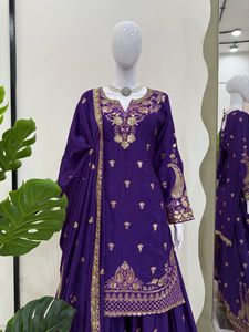 Elite Designer Fashion Chinon Silk Couture Set con intrincadas lentejuelas que fluyen Plazo y encaje detallado Dupatta - Product Image 4