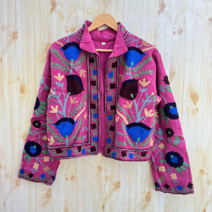 Handmade Dark Blue Vintage <b>Short</b> <b>Jacket</b> Breathable Cotton Sari Kantha Coat Embroidered Patchwork Knitted Printed Double Breasted - Product Image 1