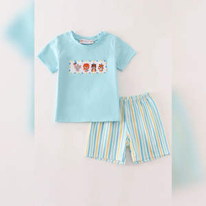 Conjunto de Ropa para Niño en Algodón/Spandex con Diseño Bordado de Animales Azules, Estilo Casual Elegante, Ropa Infantil Honeydew para Cumpleaños - Product Image 1