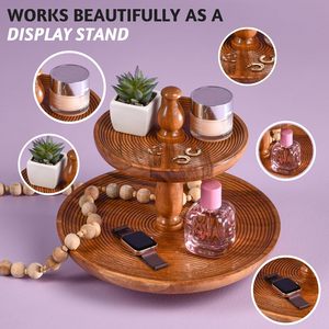 Support à gâteau en bois d'acacia Plateau à deux niveaux Décor rustique Présentoir de table à dessert naturel de 11 pouces Anniversaire de mariage Baby Shower - Product Image 4