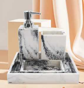 Ensemble de salle de bain moderne rond en résine MN EXPORTS, 5 pièces, distributeur de savon, gobelet, plateau, facile à nettoyer, imperméable, écologique - Product Image 3
