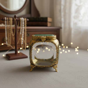 Boîte de rangement en verre biseauté au design exceptionnel, boîte de présentation de bijoux en laiton antique et verre doré, boîte à bagues, boucles d'oreilles, colliers - Product Image 1
