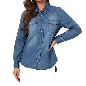 เสื้อเชิ้ตเดนิมผ้าฝ้ายผู้หญิง ดีไซน์ใหม่ ปกติดกระดุม แขนยาว สวมใส่สบาย ทรงหลวม สีน้ำเงิน เหมาะสำหรับใส่ในชีวิตประจำวัน - Product Image 1
