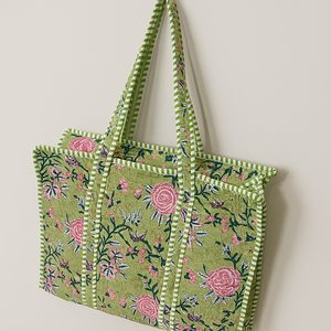 Handmade Vintage Bohemian Fashion Canvas <b>Tote</b> <b>Bag</b> Women Eco-Friendly Floral Quilted Cotton Customizable Zipper Closure Green - Product Image 2