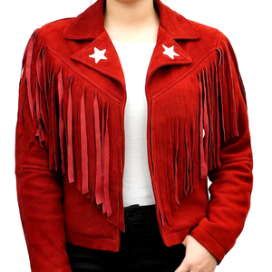 202Top des ventes Veste en cuir véritable à franges pour femmes rouges-Manteau audacieux et élégant pour femmes à la mode - Product Image 1