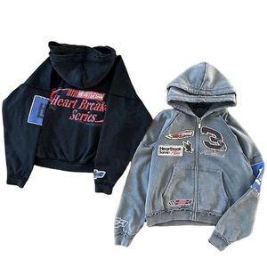 Sudadera con capucha y cremallera personalizada de 400 g/m² para hombre, con parche bordado efecto desgastado por el sol, estilo vintage, lavado ácido, nuevo estilo. - Product Image 1