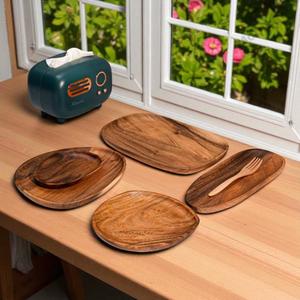 Juego de platos para servir con grabado de madera de acacia ecológico clásico, diseño rectangular de 5 piezas para ocasiones de fiesta - Product Image 6