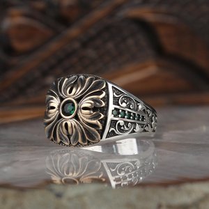 Anillo Masculino Estilo Otomano Turco, Plata de Ley 925 con Circonita, Hecho a Mano, Modelo con Forma de Número RCEGYT-472 - Product Image 1