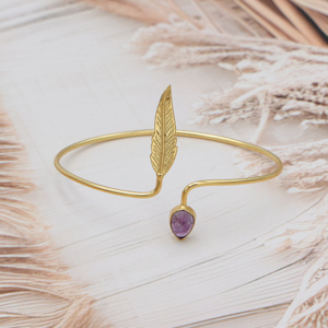 Dua กำไลข้อมือรูปใบอเมทิสต์สีม่วงสำหรับผู้หญิงหรูหราปรับได้อัญมณีทองเหลืองชุบทอง18K สำหรับงานแต่งงานสไตล์อินเทรนด์ - Product Image 4