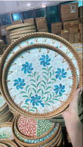 Plateau de service en bambou fait main écologique en gros, tressé en paille de rotin, carré, rectangulaire, avec incrustation de nacre - Product Image 3