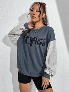 Sweat-shirt ample en coton pour femme, collection hiver 2026, 100 % coton, manches longues, col rond, tricoté décontracté avec imprimé lettres - Product Image 6