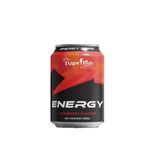 Bebida Energética Carbonatada Original Interfresh de Fresa en Lata de 250 ml, al Mejor Precio, Etiqueta Privada OEM, Ginseng, Aloe, Baja en Carbohidratos y Grasas - Product Image 1