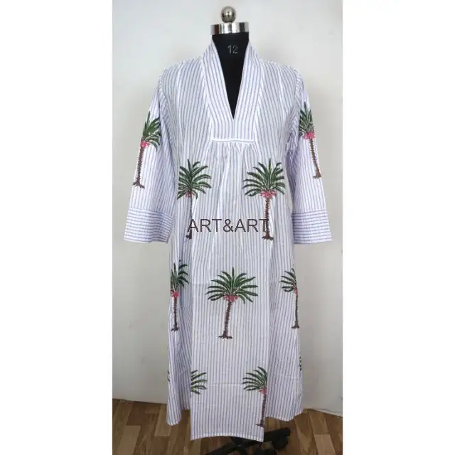 Hint pamuk saf uzun elbise Hippy çiçek boho elbise el bloğu baskılı elbise palmiye ağacı şeritler Boho yaz giymek