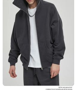 Sweat à capuche zippé surdimensionné avec logo personnalisé, ensemble de jogging, vêtements de ville d'hiver, survêtement en coton molletonné, capuche couvrant le visage de couleur unie - Product Image 5