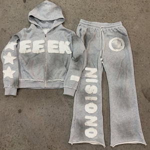 2025 hiver Streetwear acide lavé polaire survêtements strass fermeture éclair survêtement ensembles pantalons de survêtement droits unisexe - Product Image 2