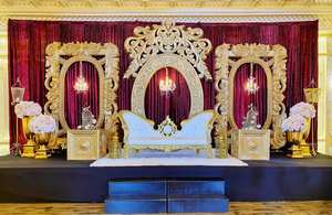 Decoración de escenario de boda asiática glamurosa Reino Unido boda musulmana Walima escenario Vancouver Grand Fiber Golden Look escenario de boda - Product Image 5