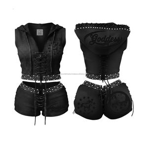 Ensemble deux pièces veste zippée et short 2026 pour femmes, avec logo personnalisé, strass de haute qualité, par les fabricants de vêtements - Product Image 4