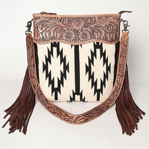 Élégant Vintage Fringe Jacquard Sling Sac à main pour les femmes Handtooled Bohemian Aztec Véritable Cuir Lady Style - Product Image 1