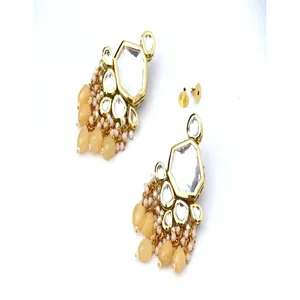 Gold-Plated Light Yellow Tumble and Polki Kundan <b>Studded</b> Bridal and Fine Jewelry Set with Zircon Main Stone - Product Image 4
