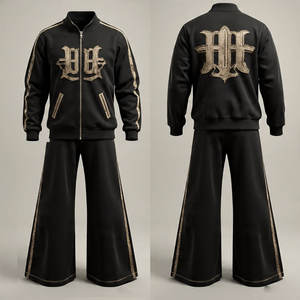 Pantalones acampanados de cintura media de lana Sudadera con capucha y pantalones de chándal de pierna recta | Conjunto de Sudadera con capucha traje logotipo personalizado bordado desgastado - Product Image 6