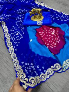 Sari en Georgette pur avec imprimé Bandhani Jodhpur, magnifique travail de Pita dans la séquence C~Pallu, travail de Butti sur la bordure du sari - Product Image 4