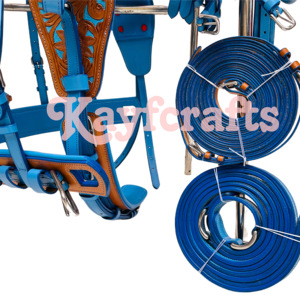 ชุดอานม้าหนังแท้สองสี น้ำตาลธรรมชาติและน้ำเงิน สำหรับขับรถม้าแบบครบชุด ใช้สำหรับลากม้าในรถม้าแบบดั้งเดิม - Product Image 6