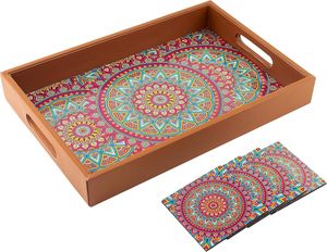 Plateau de service décoratif en bois MDF de 10x15 pouces fabriqué à la main, 4 sous-verres gratuits, peint à la main, par HF CRAFTS - Product Image 1