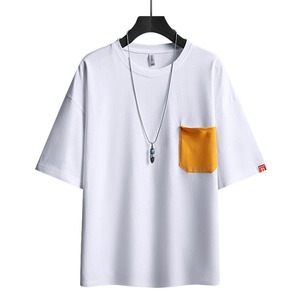 เสื้อยืดผ้าฝ้ายถักแขนสั้นสำหรับผู้ชายทรงพอดีตัวมีกระเป๋าสีตัดกันแฟชั่นฤดูร้อน - Product Image 3