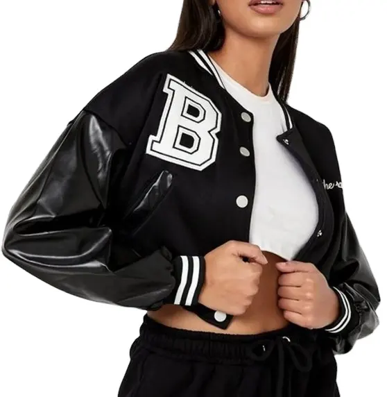 2023 Custom Women Cropped Black Varsity Jacket OEM Leather Sleeves College Chenille Embroidery Patches Baseball Bomber Jacket