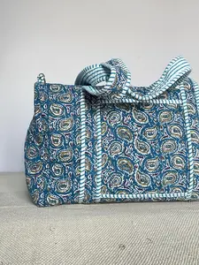 Elegant <b>Floral</b> Quilted Duffle <b>Bag</b>, Block Print Cotton Everyday <b>Tote</b> - Product Image 3