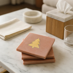 Sous-verres en marbre rose fabriqués à la main de qualité supérieure en laiton incrustation d'arbre de noël élégant cadeau de vacances carré pierre tampons à boire moderne table - Product Image 3