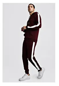 Side Panel Design Winter Warm Maroon Color Velvet Velour Tracksuit Men Gym Fit Training Two Pieces Sports Pullover Hooded Suit