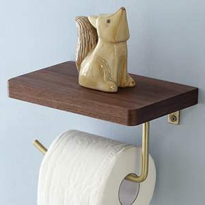 Harlotte porte-papier hygiénique mural porte-rouleau de papier hygiénique avec étagère en bois pour salle de bain noyer bois de hêtre - Product Image 5