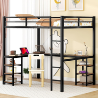 Lit mezzanine en métal noir avec bureau et étagères de rangement Lit superposé en forme de L pour enfants, adultes, dortoirs scolaires et appartements