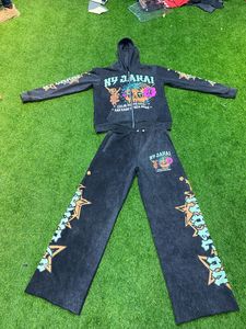 Haute qualité 100% coton français éponge évasé pantalons de survêtement à capuche ensemble lavage à l'acide Streetwear hiver survêtement pour hommes respirant - Product Image 4